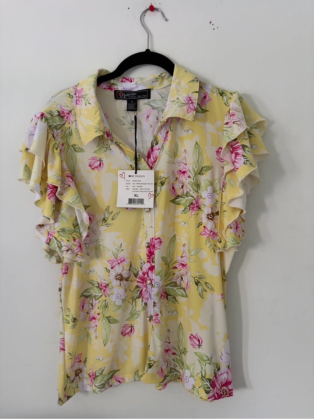 89th & Madison Yellow Floral Collared Blouse with Pink Flowers size L